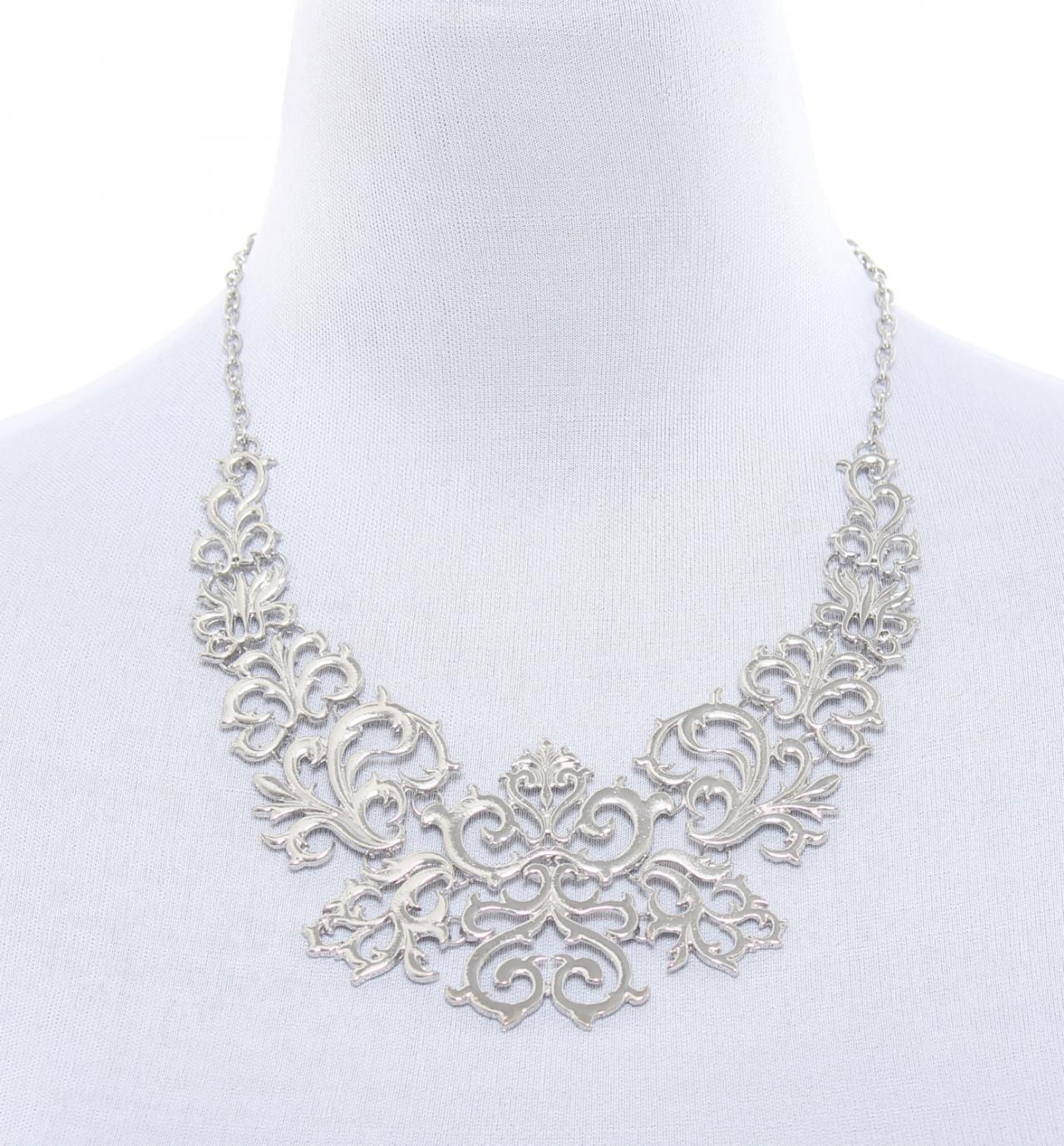 Silver Statement Necklace, Silver Bib Necklace, Silver Baroque Necklace
